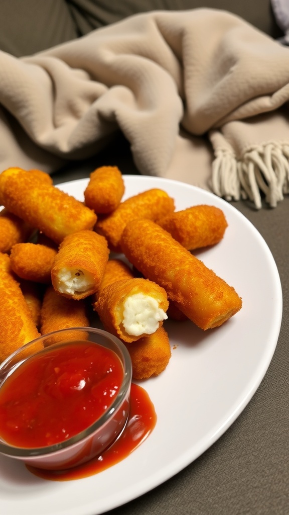 Crispy mozzarella sticks on a plate with marinara sauce.